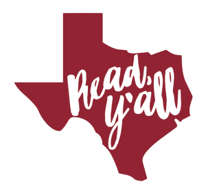 Read Yall brand, a red Texas shape with the words Read, Y'all inside Read Yall brand, a red Texas shape with the words Read, Y'all inside
