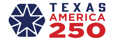 A logo with a blue star with a blue hexagonal pattern behind it on the left and the text Texas in blue at the top and the text America 250 in red underneath A logo with a blue star with a blue hexagonal pattern behind it on the left and the text Texas in blue at the top and the text America 250 in red underneath