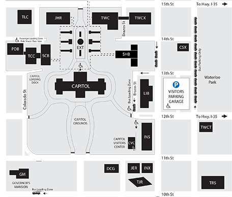 Map of Capitol Complex Area - showing outlines of buildings in gray and parking areas Map of Capitol Complex Area - showing outlines of buildings in gray and parking areas